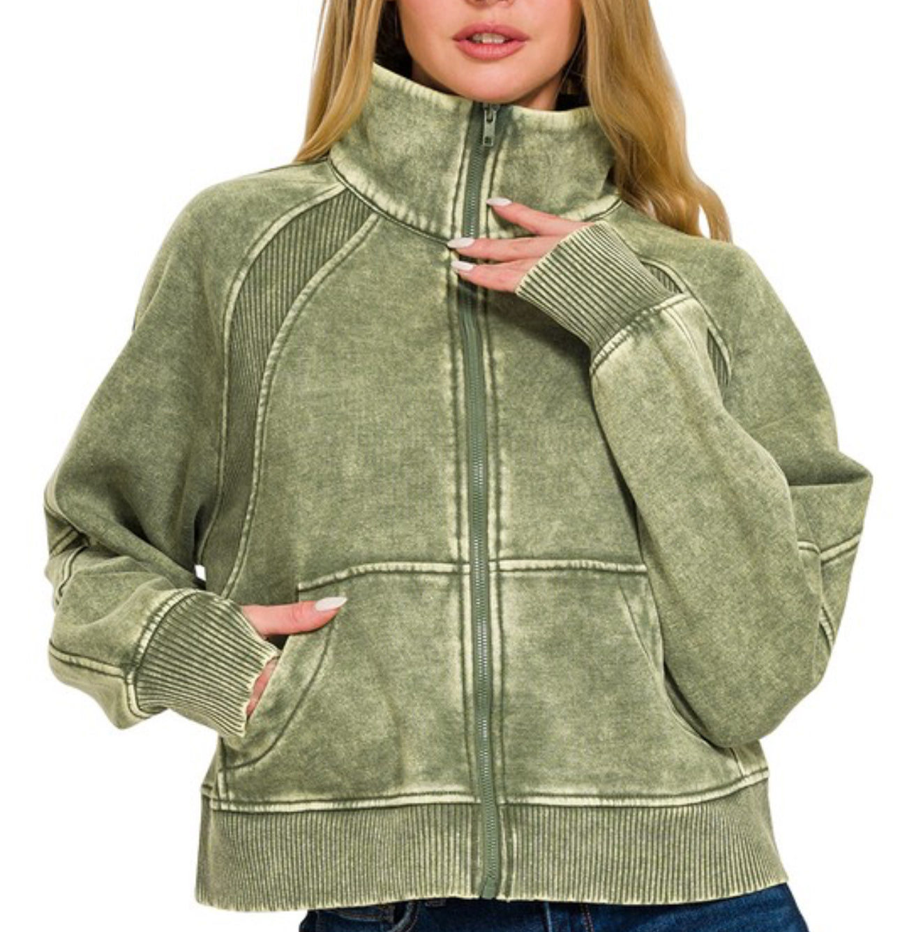Acid Wash Zip Up Fleece Jacket