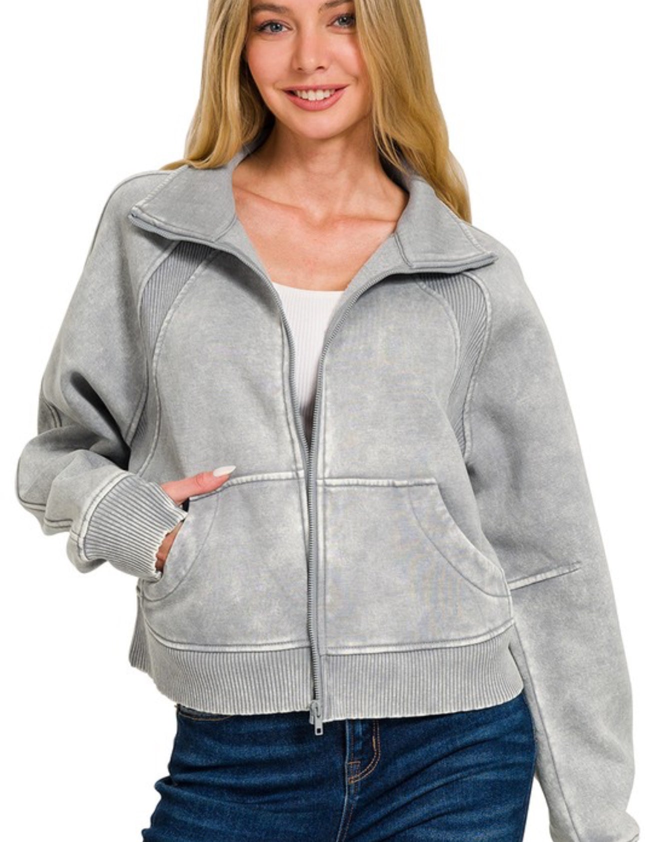 Acid Wash Zip Up Fleece Jacket