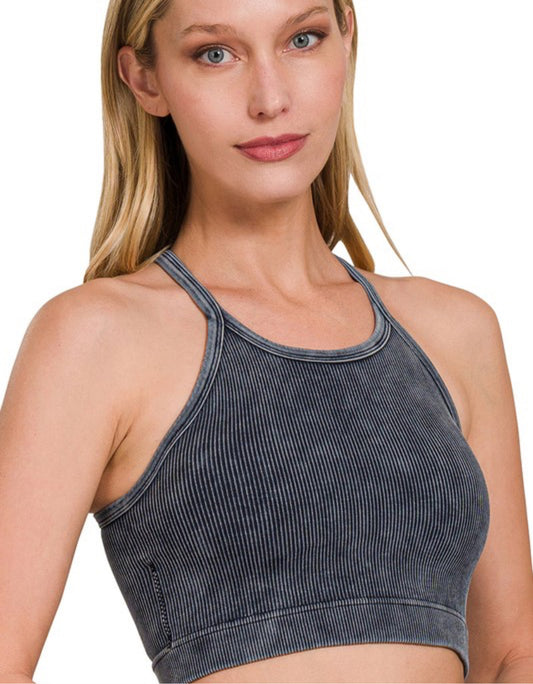 Racerback Acid Wash Ribbed Crop Tank