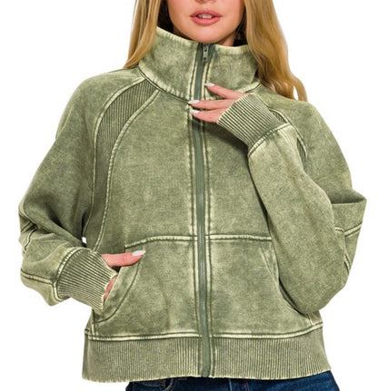 Acid Wash Zip Up Fleece Jacket